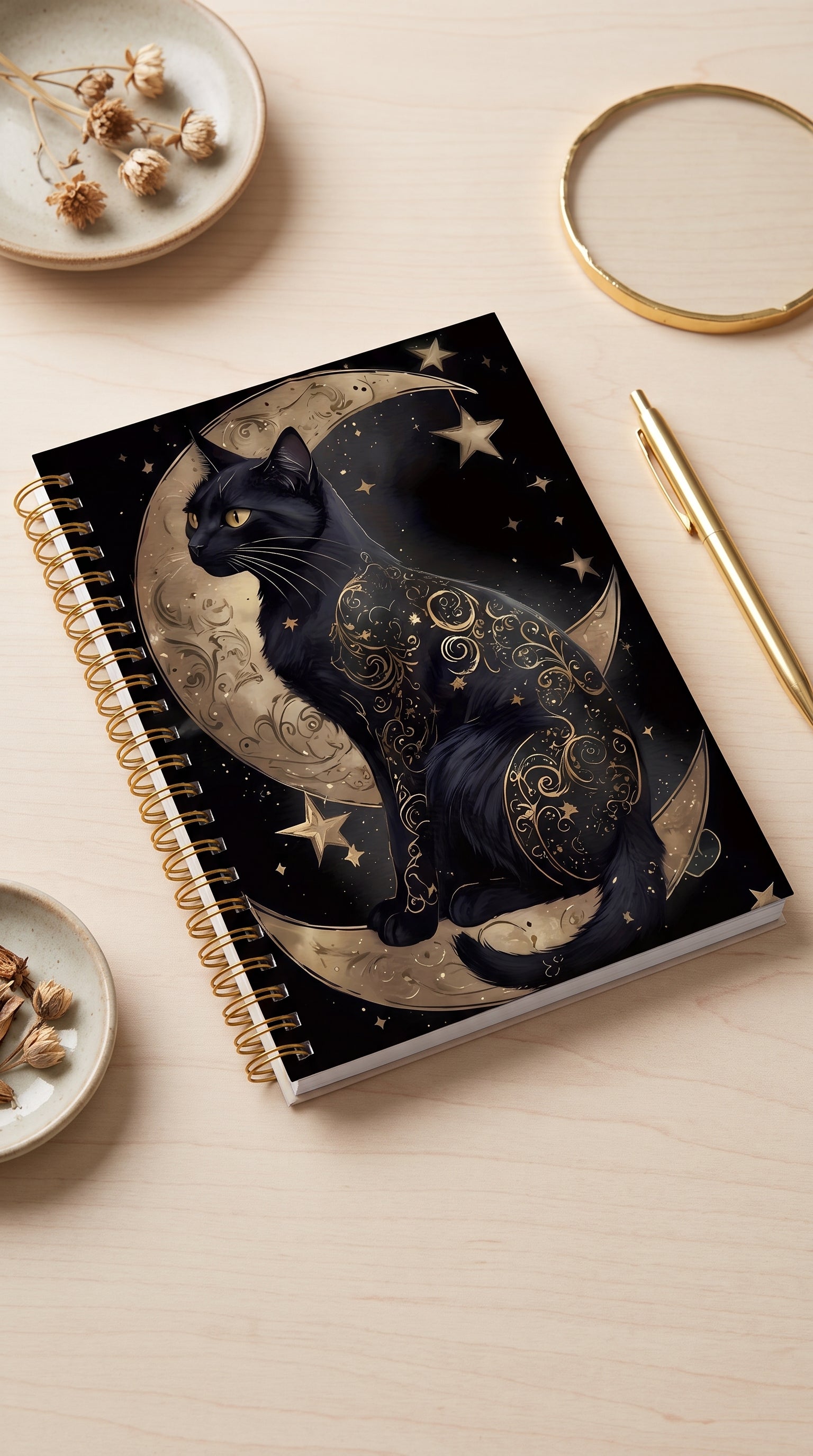 Celestial black cat moon spiral notebook on a flat lay surface